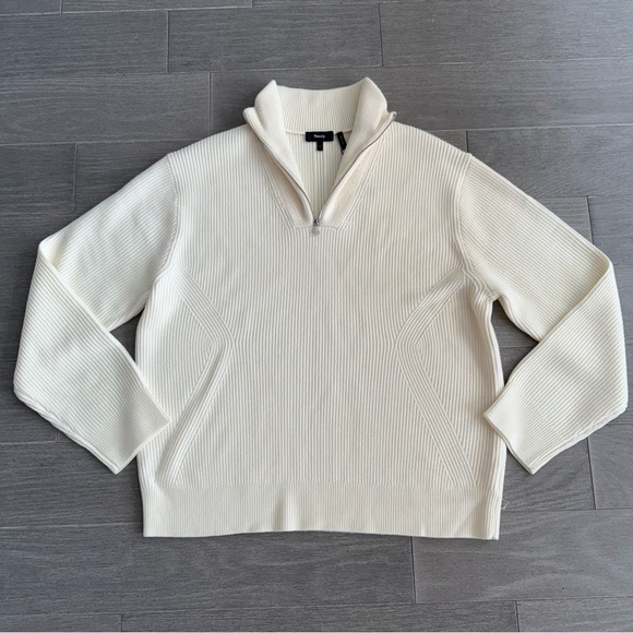 NWT Theory Lamar Oversize Quarter Zip Wool Sweater Stone White Men’s L Ribbed - Picture 13 of 16